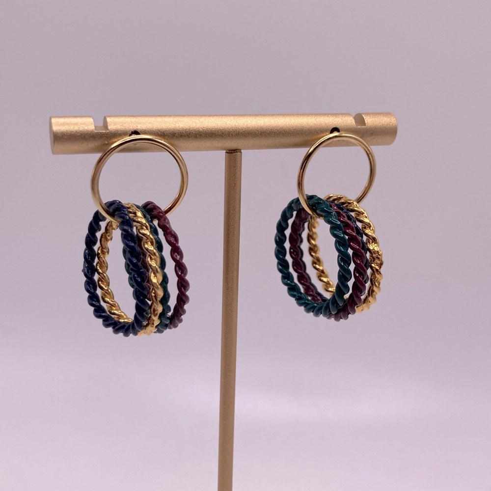 Vintage Gold Tone with Blue, Green and Purple Enamel Dangle Earrings
